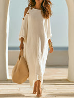 Linen?Blend Cold?Shoulder Button Detail Loose Maxi Dress