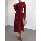 Round Neck Flare Sleeve Gold Ornament Ruched Midi Dress