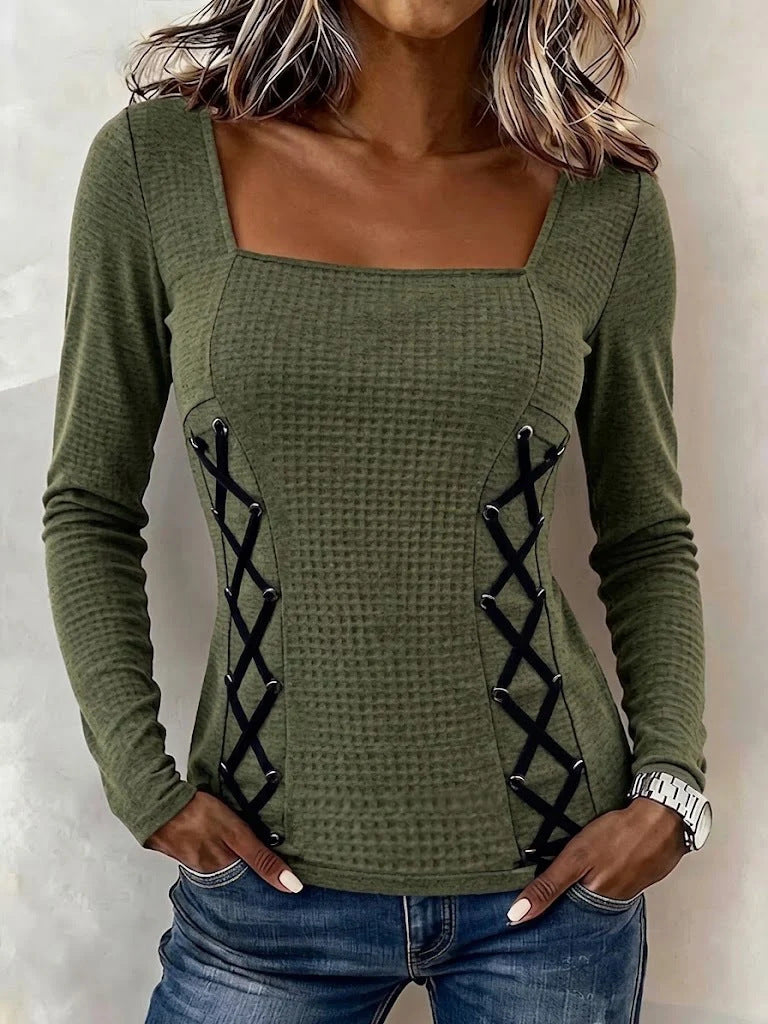 Women's Square Neck Waffle Knit Long Sleeve Top With Side Lace Up Detail