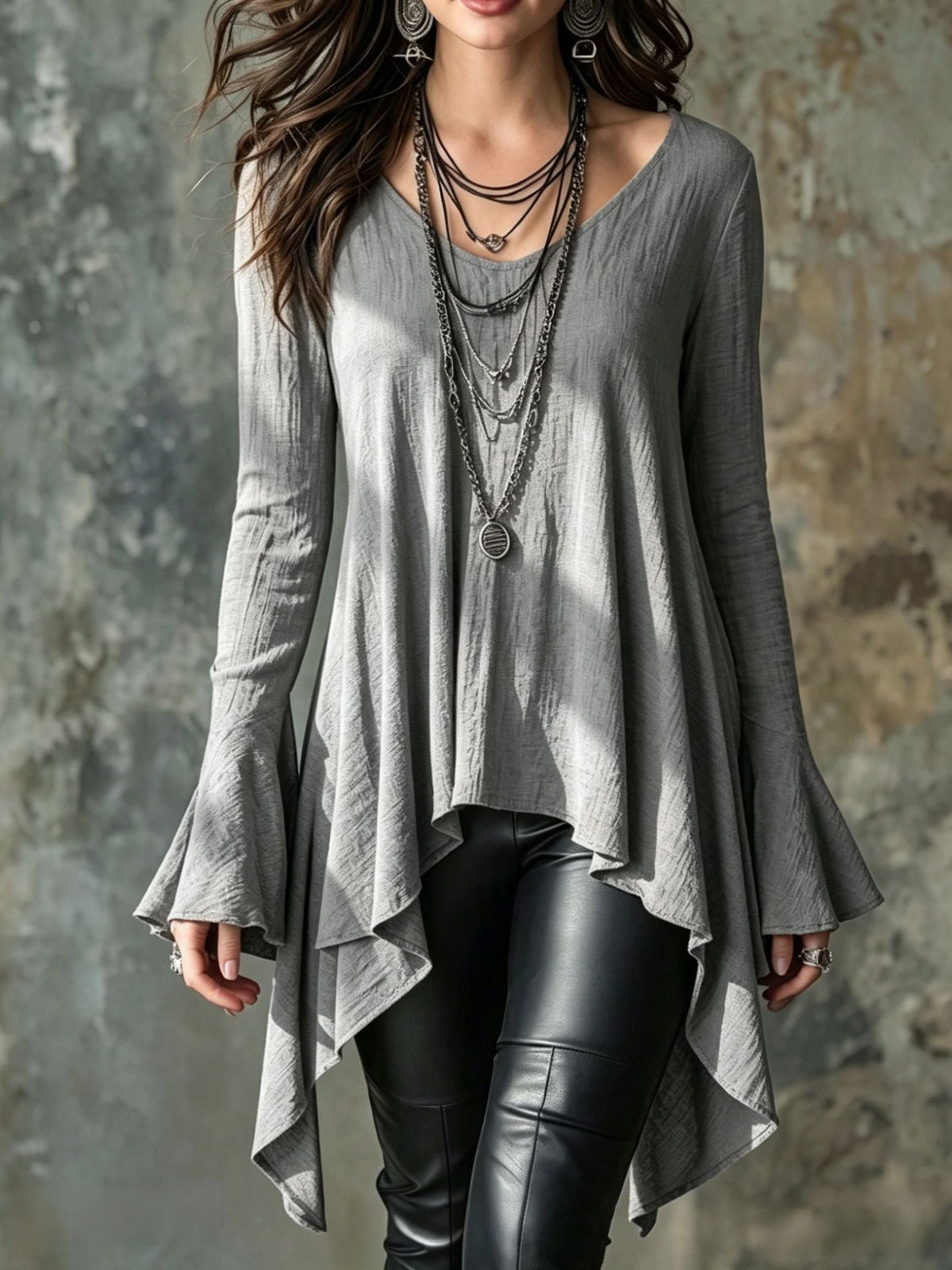 V-Neck Flare Long Sleeve Irregular Hem Tunic Top