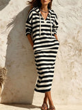 Striped Hooded Drawstring Long Sleeve Midi Dress