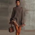 Loose Fit Long Sleeve Knit Sweater Dress Contrast Mesh Ruffle Trim