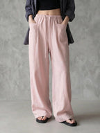 Elastic Drawstring Waist Linen Blend Wide‑Leg Pants
