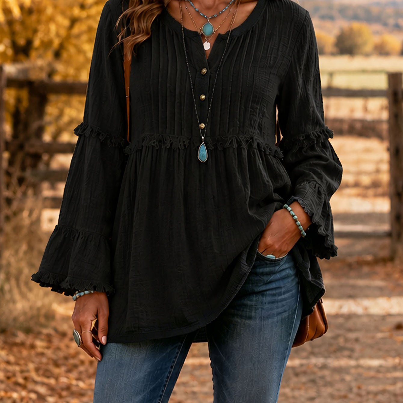 Boho Ruffle Bell Sleeve Tunic Casual  Blouse