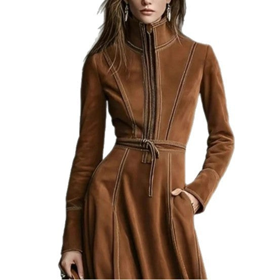 Women's Solid Brown Suede Zip?Front Belted Long?Sleeve Midi Dress
