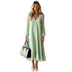 V?Neck Long?Sleeve Tiered Ruffle?Hem Midi Dress