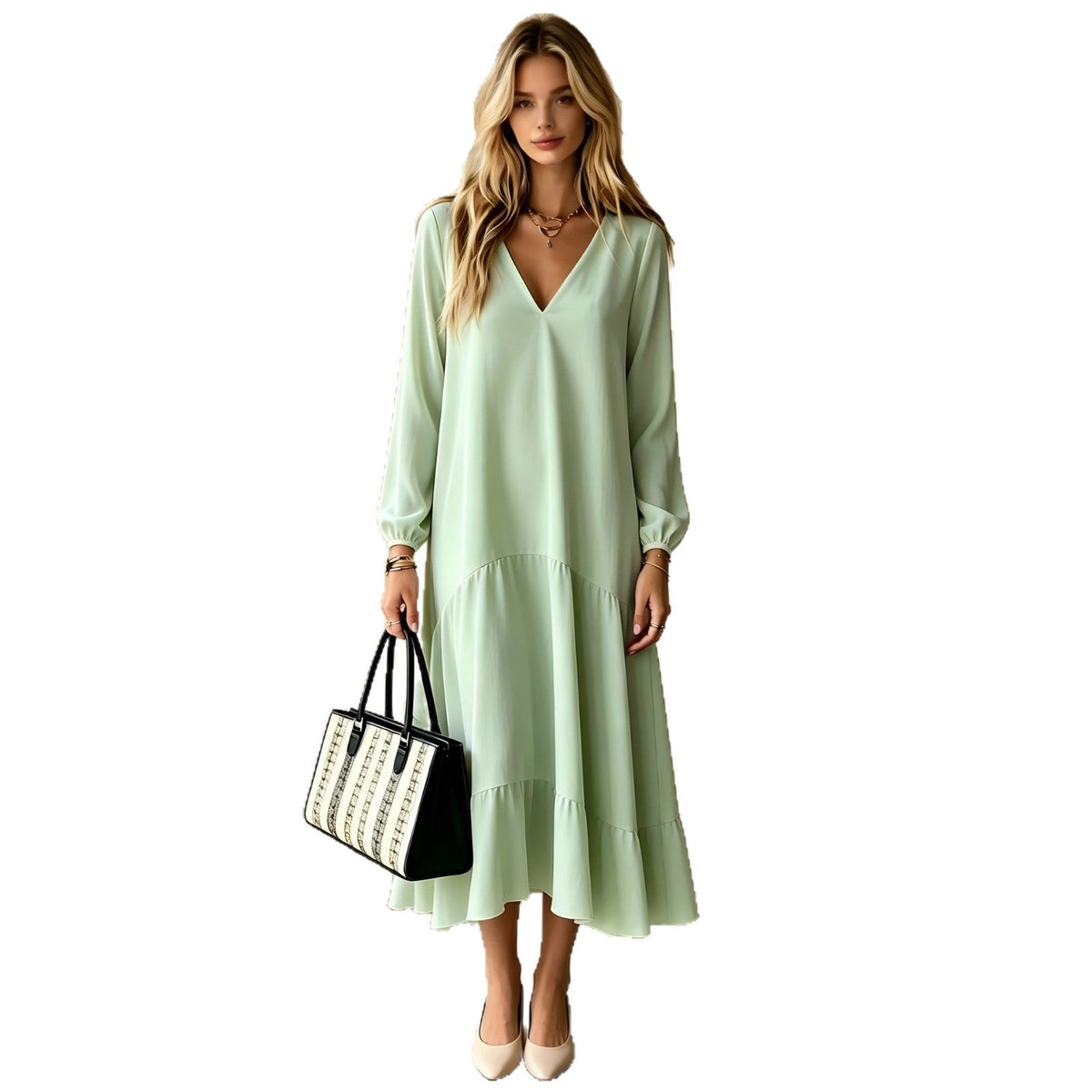 V?Neck Long?Sleeve Tiered Ruffle?Hem Midi Dress