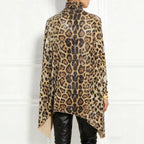 Leopard Sequin Turtleneck Asymmetric Draped Long Sleeve Loose Blouse Top