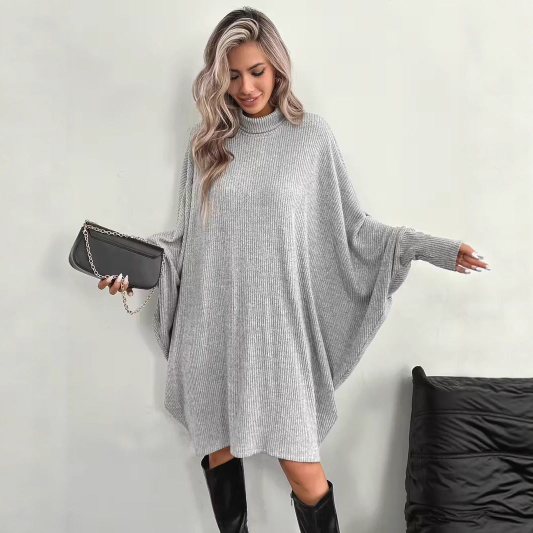 Women's Mock Neck Batwing Long Sleeve Ribbed Knit Mini Dress