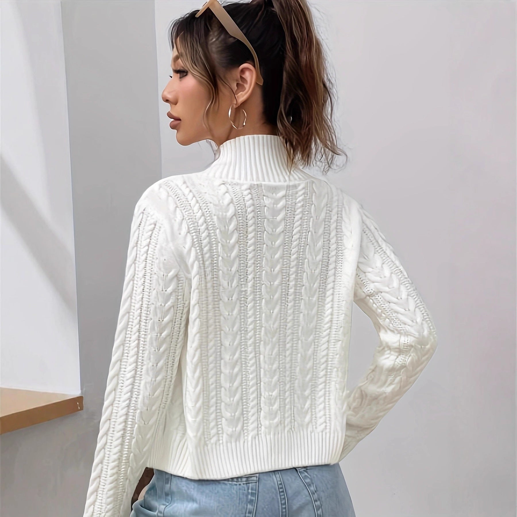 Stand Collar Full Zip Cable Knit Cropped Long Sleeve Knitted Cardigan Jacket