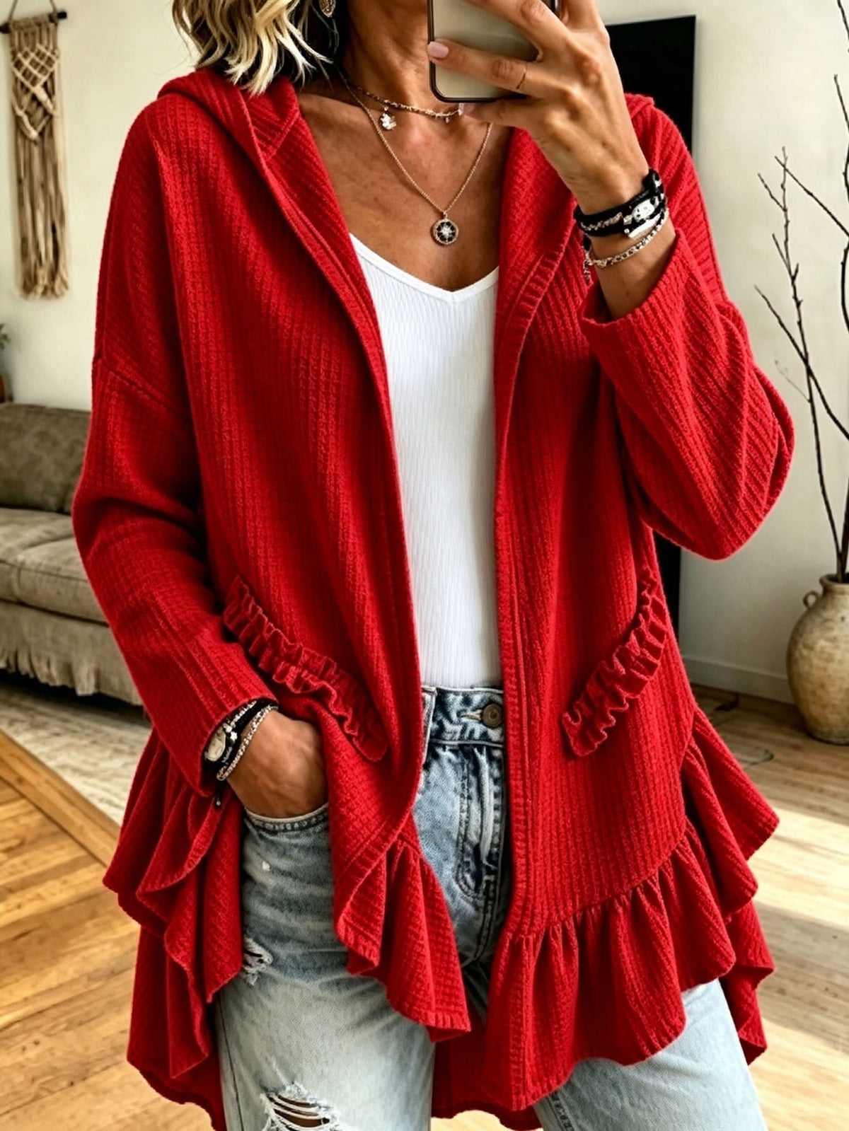 Ruffle Hooded Cardigan – Oversized Knit Open-Front Hoodie