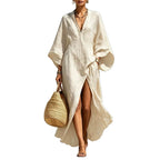 Linen?Blend V?Neck Kaftan Maxi Dress