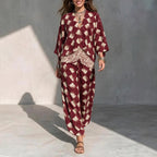 Geometric Print V?Neck Kimono Sleeve Top & Wide?Leg Pants Two?Piece Set
