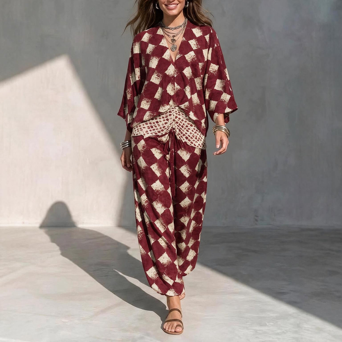 Geometric Print V?Neck Kimono Sleeve Top & Wide?Leg Pants Two?Piece Set