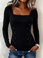 Women's Square Neck Waffle Knit Long Sleeve Top With Side Lace Up Detail