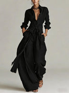 Women's Shirt‑Style Self‑Tie Belt Wide‑Leg Jumpsuit