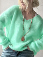 Oversized V‑Neck Drop Shoulder Fuzzy Knit Long Sleeve Loose Fit Pullover Sweater