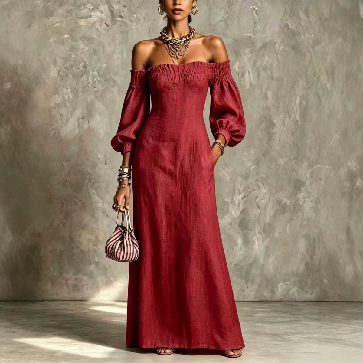 Off?The?Shoulder Puff?Sleeve Linen?Blend Maxi Dress