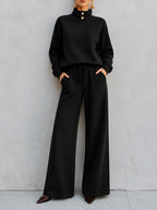 Mock?Neck Button?Detail Sweatshirt & Wide?Leg Drawstring Pants Two?Piece Set - black / S