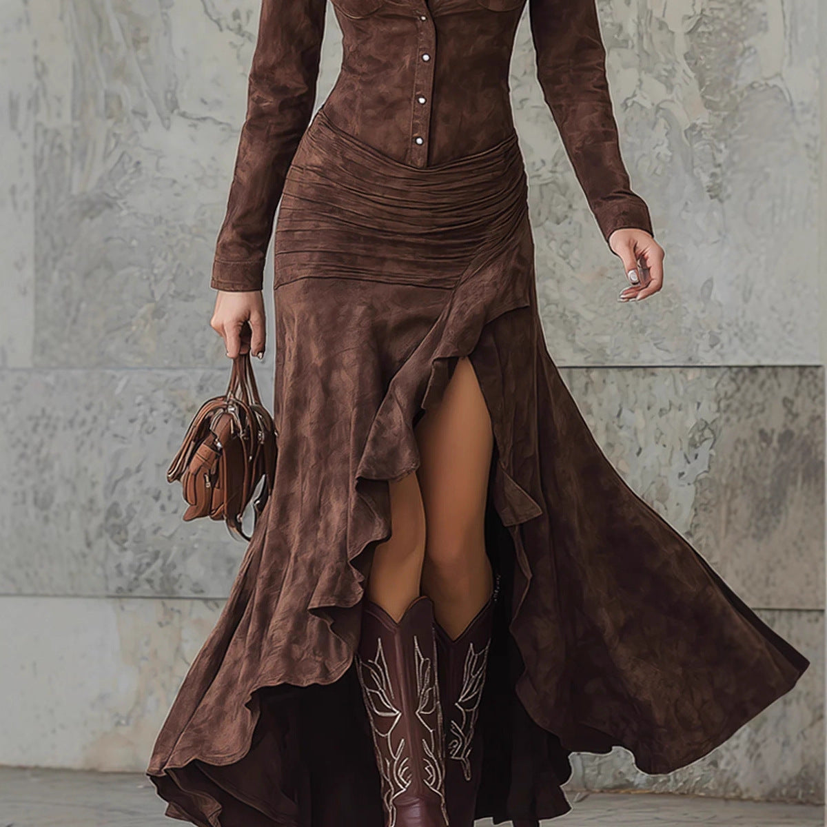 Stand Collar V‑Neck Linen Blend Midi Dress with Pockets