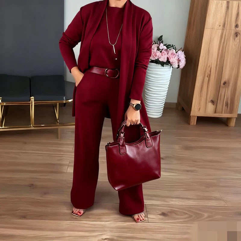 Women's Solid Color Round Neck Long-Sleeved 3-Piece Set