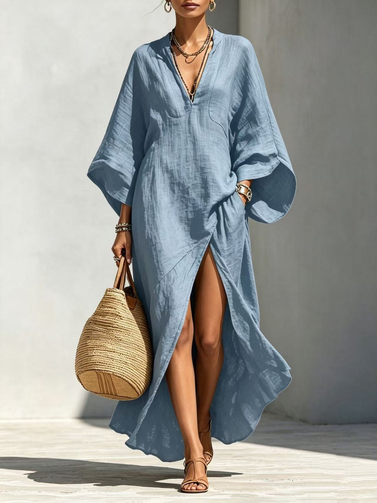 Linen?Blend V?Neck Kaftan Maxi Dress