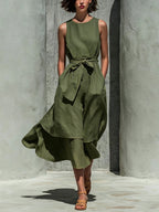 Sleeveless Tie Waist Layered Linen Midi Dress