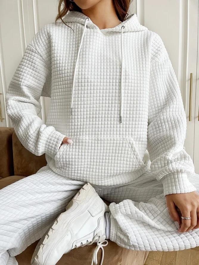 Waffle Textured Drawstring Hooded Sweatshirt With Kangaroo Pocket