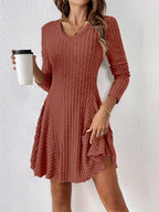 Ribbed Knit V‑Neck Long‑Sleeve Flared Mini Dress