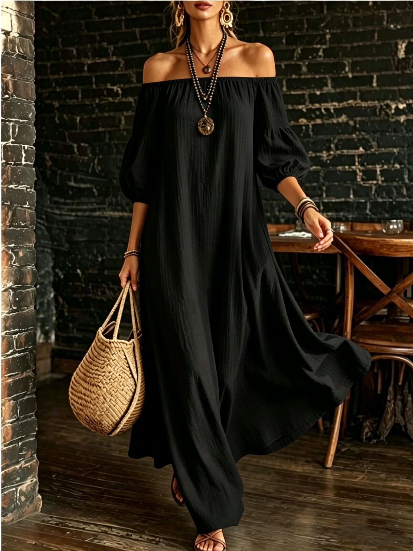 White Off‑Shoulder Balloon Sleeve Flowy Maxi Dress