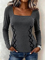 Women's Square Neck Waffle Knit Long Sleeve Top With Side Lace Up Detail