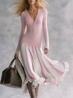 Women's V-Neck Half Zip Long Sleeve Knit Pleated Maxi Dress