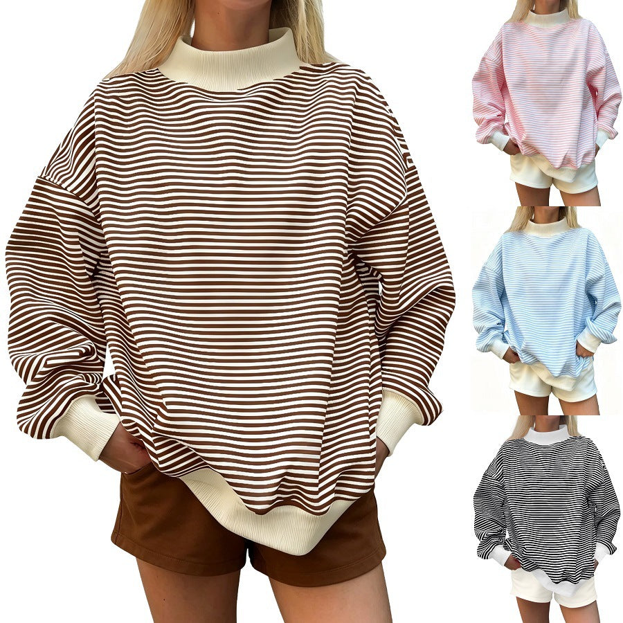 Oversized Striped Mock Neck Sweatshirt