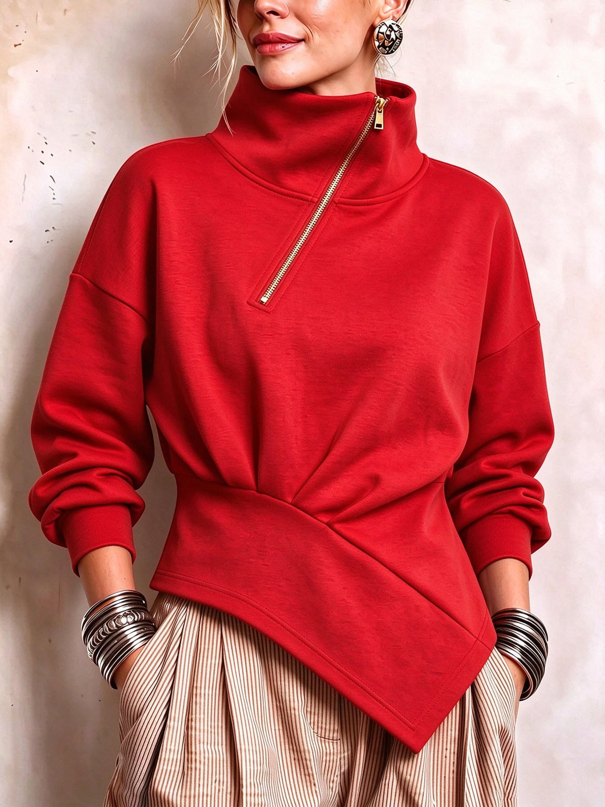 Zip-Neck Sweatshirt with Asymmetric Hem