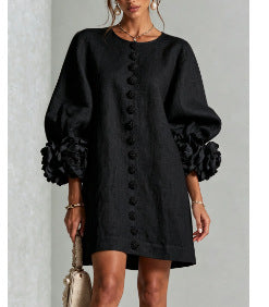 Blush Pink Fabric Floral Appliqué Balloon‑Sleeve Shift Mini Dress