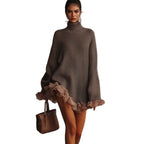 Loose Fit Long Sleeve Knit Sweater Dress Contrast Mesh Ruffle Trim