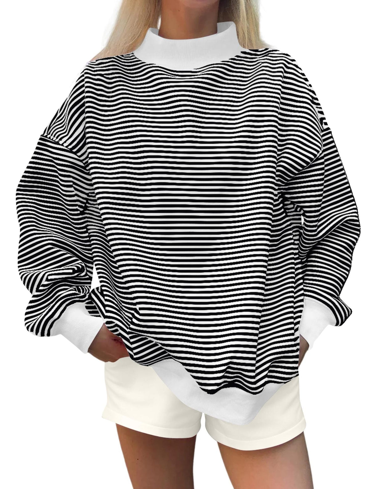 Oversized Striped Mock Neck Sweatshirt