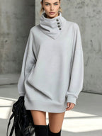 Women's Solid Pink Button-Detail Cowl Neck Long Sweatshirt Tunic Dress