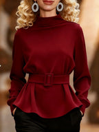 Mock Neck Peplum Top with Belt – Elegant Long Sleeve Blouse