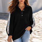 Ribbed Knit Polo Top with Sequin Sleeves
