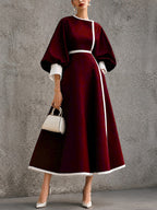 Women¡¯s Solid Navy Contrast?Trim Balloon?Sleeve Belted Maxi Dress - Burgundy / S
