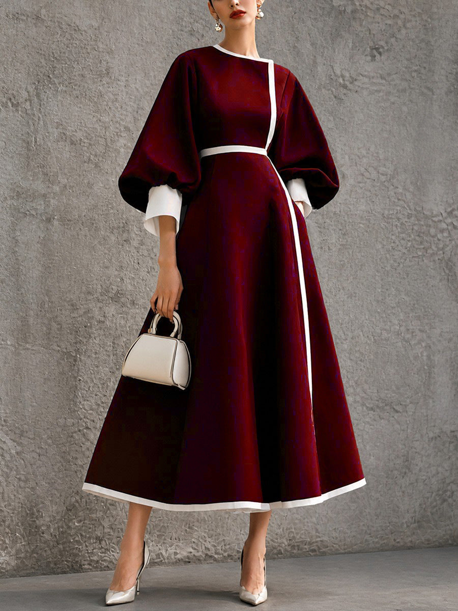 Women¡¯s Solid Navy Contrast?Trim Balloon?Sleeve Belted Maxi Dress - Burgundy / S