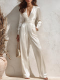 Satin Surplice V‑Neck Long Sleeve Waist‑Tied Wide Leg Elegant Jumpsuit With Pockets