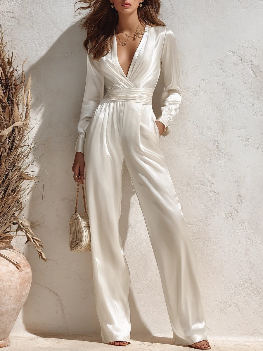 Satin Surplice V‑Neck Long Sleeve Waist‑Tied Wide Leg Elegant Jumpsuit With Pockets