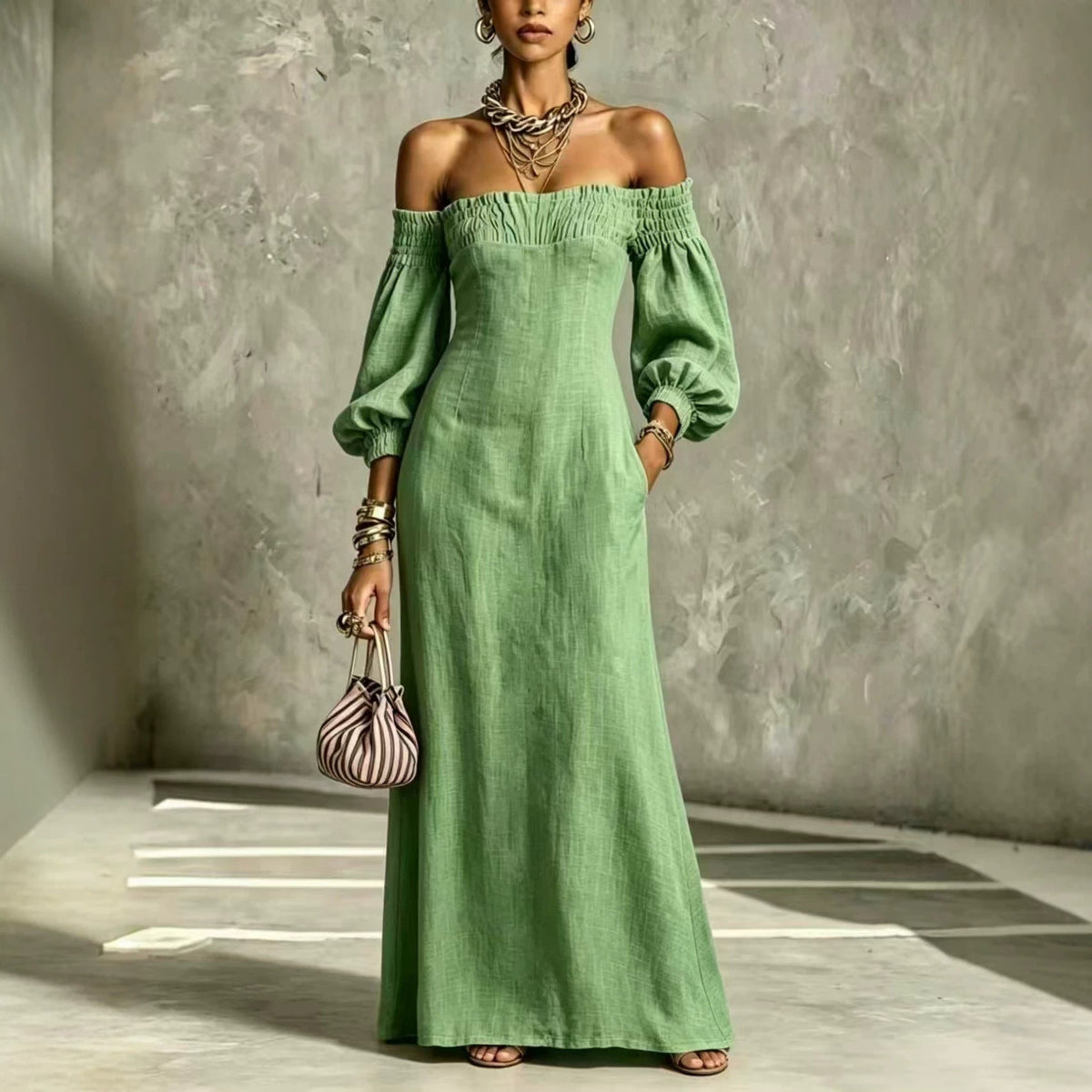 Off?The?Shoulder Puff?Sleeve Linen?Blend Maxi Dress