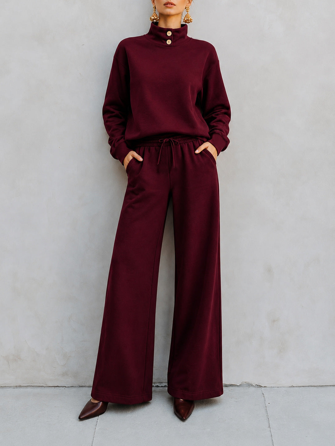 Mock?Neck Button?Detail Sweatshirt & Wide?Leg Drawstring Pants Two?Piece Set - burgundy / S
