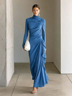 Turtleneck Ruched Side?Ruffle Long?Sleeve Maxi Dress
