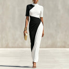Asymmetrical Color Block Ruched High Neck Midi Bodycon Dress