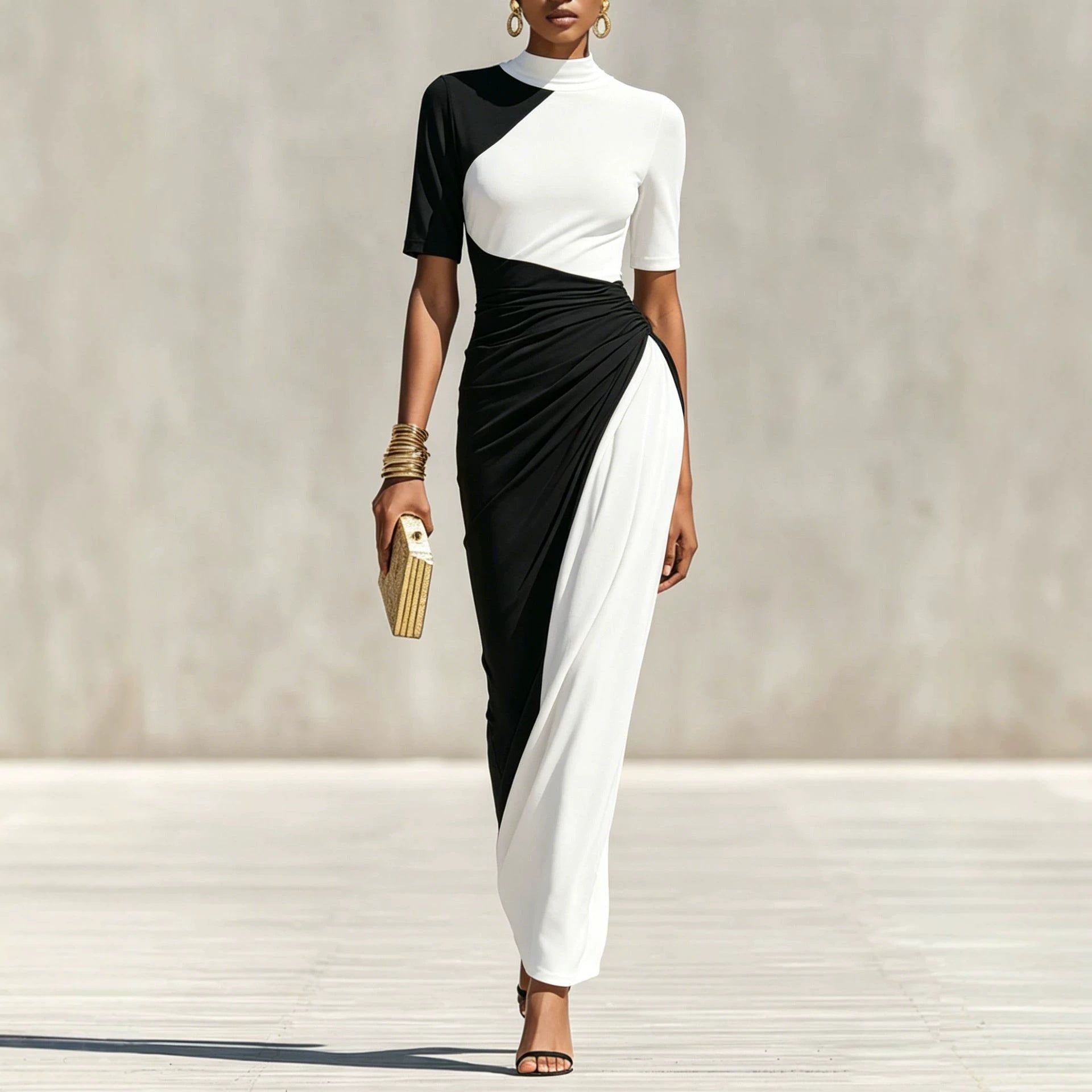 Asymmetrical Color Block Ruched High Neck Midi Bodycon Dress