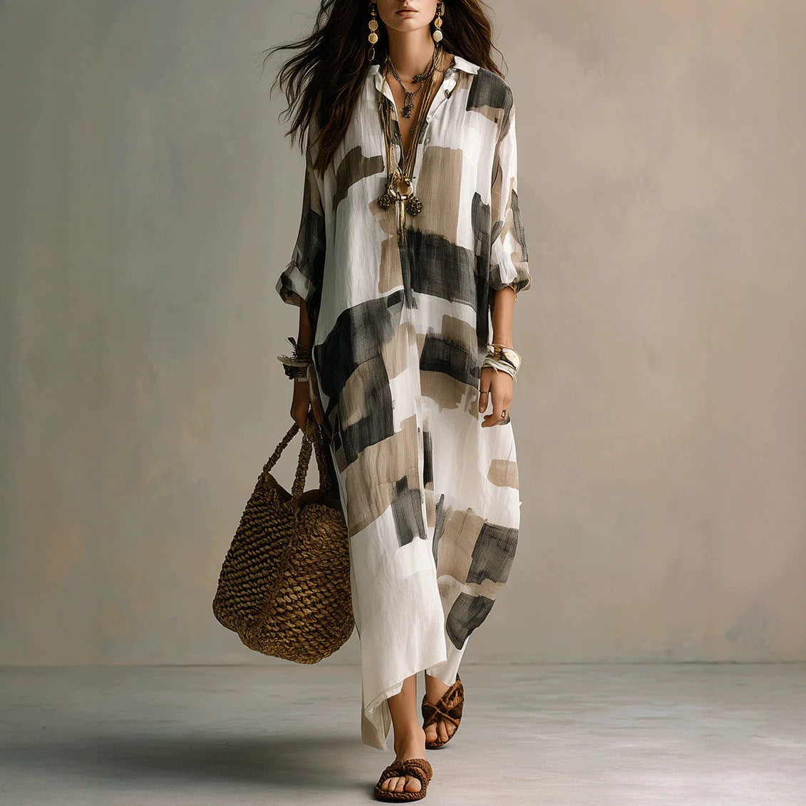 Roll Sleeve Oversized Irregular Hem Linen Blend Vacation Cover Up Dress